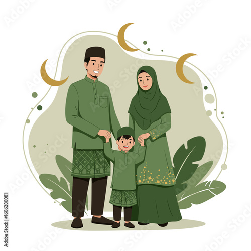 A joyful Muslim family portrait of a father, mother, and son in matching green traditional attire, celebrating together under crescent moons.