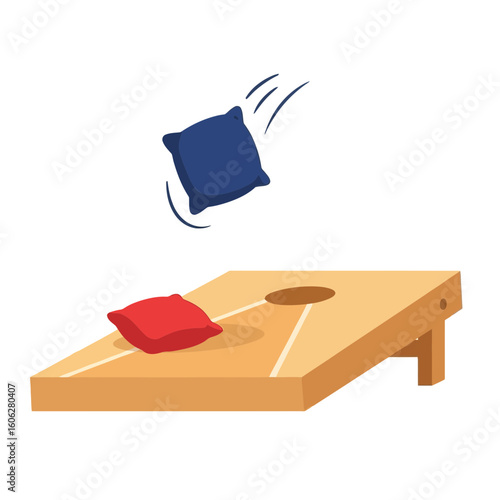 Cornhole game with a blue beanbag midair and a red beanbag on the wooden board