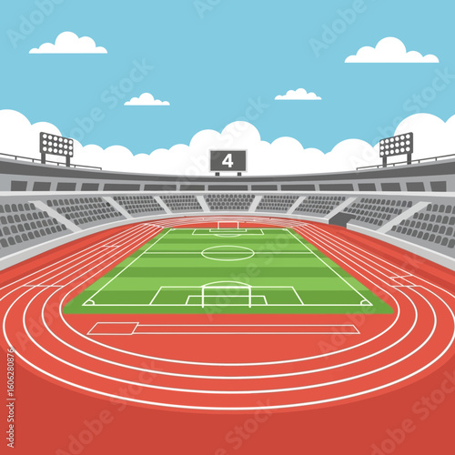 A Detailed Stadium Illustration Featuring a Soccer Field Running Track and Scoreboard