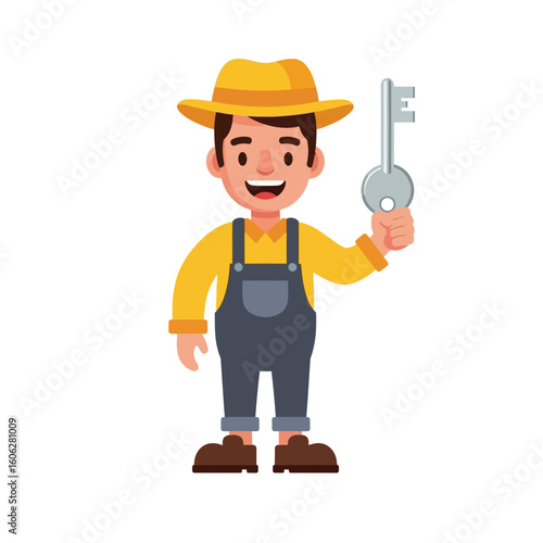 Smiling farmer in overalls holding a large silver key aloft