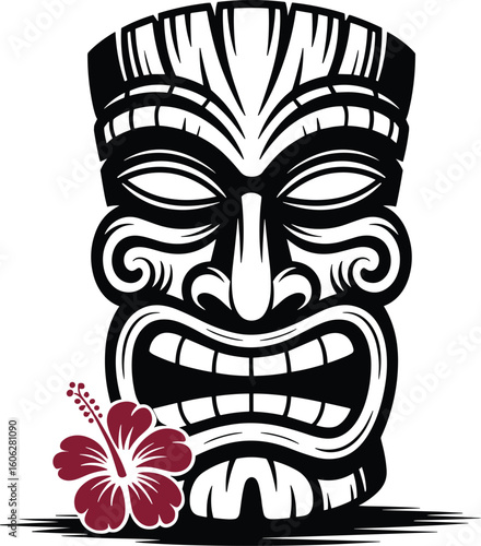 Detailed vector illustration of a hawaiian tiki mask adorned with a hibiscus flower in a classic black and white design