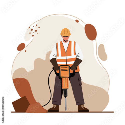 A construction worker wearing a safety vest and hard hat operates a powerful jackhammer.