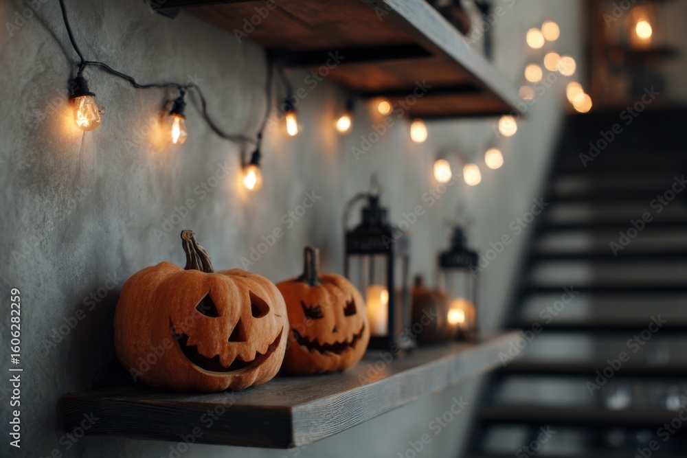 Fototapeta premium Cozy Autumn Decor Featuring Jack-o'-Lanterns and Warm Lights