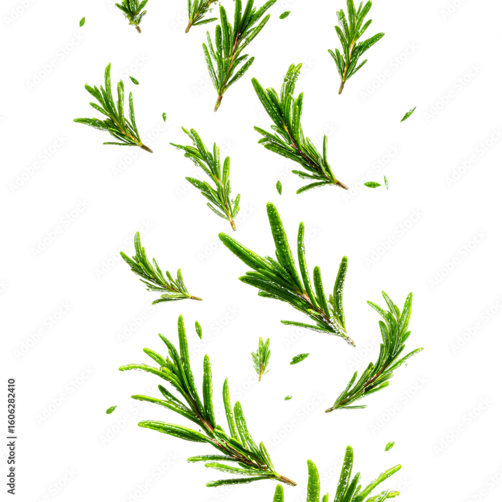 Naklejka premium Floating Rosemary Sprigs and Dried Rosemary Needles