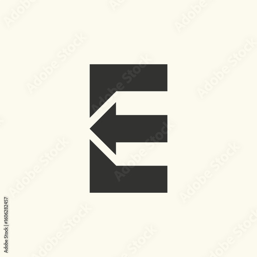 A minimalist and modern black letter "E" logo design with an integrated arrow pointing left, creating a negative space element within the letterform. The design is clean, geometric, and strong.