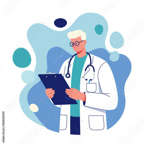 A professional male doctor in a white coat with a stethoscope reviews a patient's medical chart.