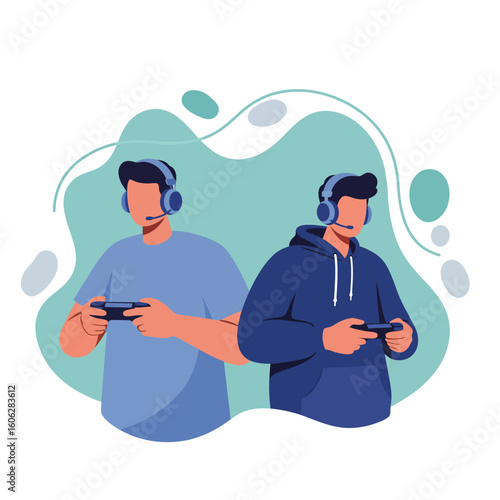 Two young male gamers wearing headsets and controllers are focused on playing a video game together in a modern flat illustration.