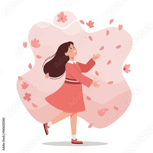 A cheerful young girl in a pink dress joyfully plays with falling sakura blossom petals.