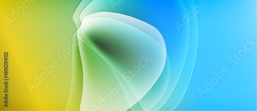 Abstract fluid shapes blend yellow, green, blue hues. Smooth gradients create soft, flowing visual effect. Light plays across curves.