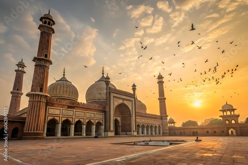 Majestic mughal architecture illuminated by a golden sunset with birds in flight