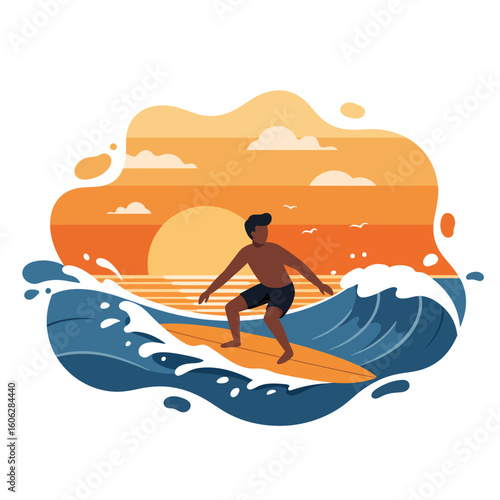 A male surfer rides a large, stylized ocean wave during a vibrant orange sunset, depicted in a flat vector illustration.