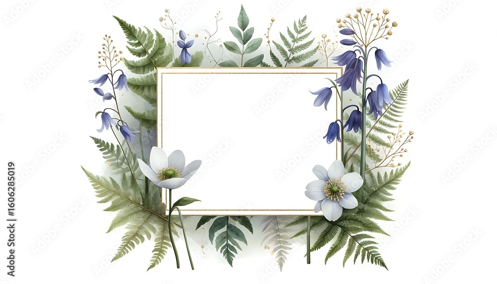 Fototapeta premium Elegant floral frame with delicate white flowers and bluebells surrounding a blank white space