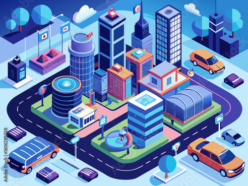Detailed isometric illustration of a modern smart city with roads, buildings, vehicles, and IoT elements.