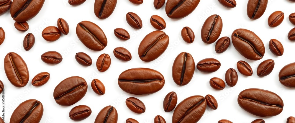 Obraz premium Seamless pattern of brown coffee bean silhouettes on white background, cafe, beans