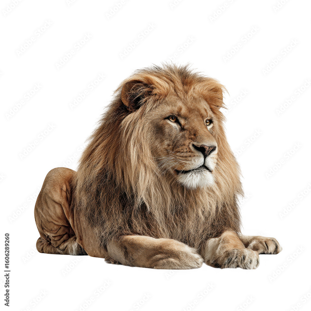 Obraz premium Majestic Lion Resting Amongst Silence on a white and transparent background.