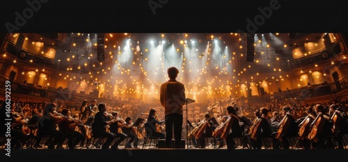 A conductor leads an orchestra in a grand hall illuminated by warm lights.
