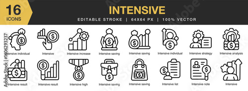 Intensive icon set. Editable Stroke Icon Collection. Includes business, investment, finance, financial, growth, and More. Outline icons vector collection.