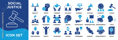 SOCIAL JUSTICE. icon collection set. Containing equality,rights,freedom,inclusion,diversity,fairness,activism,advocacy,justice,liberty icon. dual tone vector.