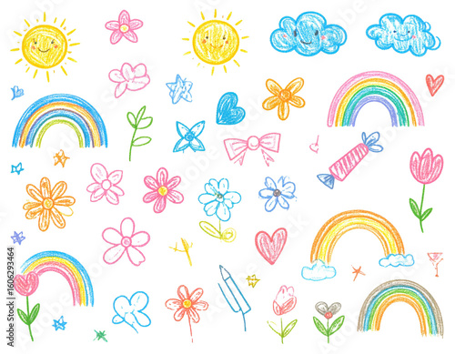 Crayon drawn kid doodle collection  Colorful childish elements like clouds  flowers   png