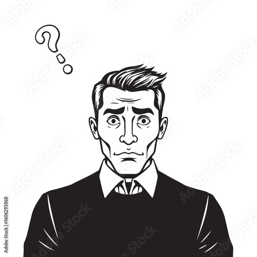 Confused person with question mark vector design concept black and white illustration.