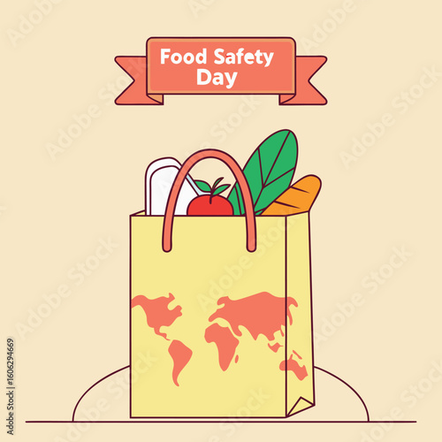 A food safety day ribbon sits above grocery bag displaying the world map