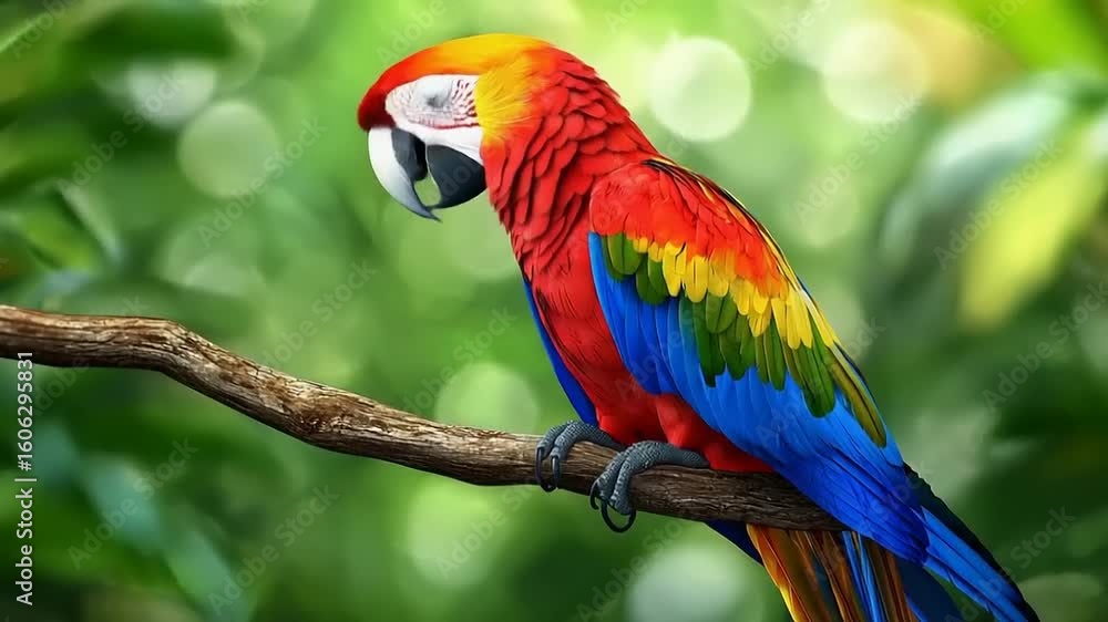 A Colorful Macaw Parrot Perched on a Branch Amidst Lush Greenery in Motion A Colorful Macaw Parrot Perched on a Branch Amidst Lush Greenery in Motion