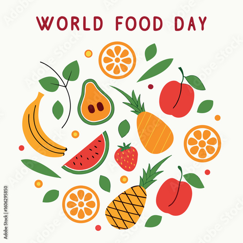 Various fruits and leaves arranged below the words World Food Day appears against a white background