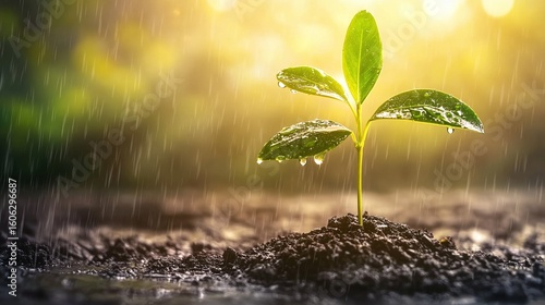 A young plant emerges from the soil during a light rain shower.