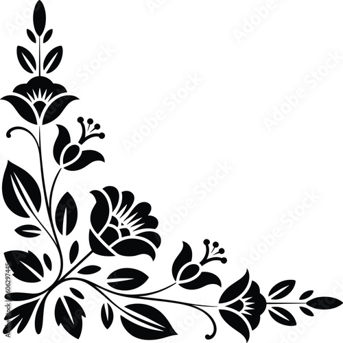 Elegant black floral corner design with stylized flowers and leaves for decorative embellishment on white background