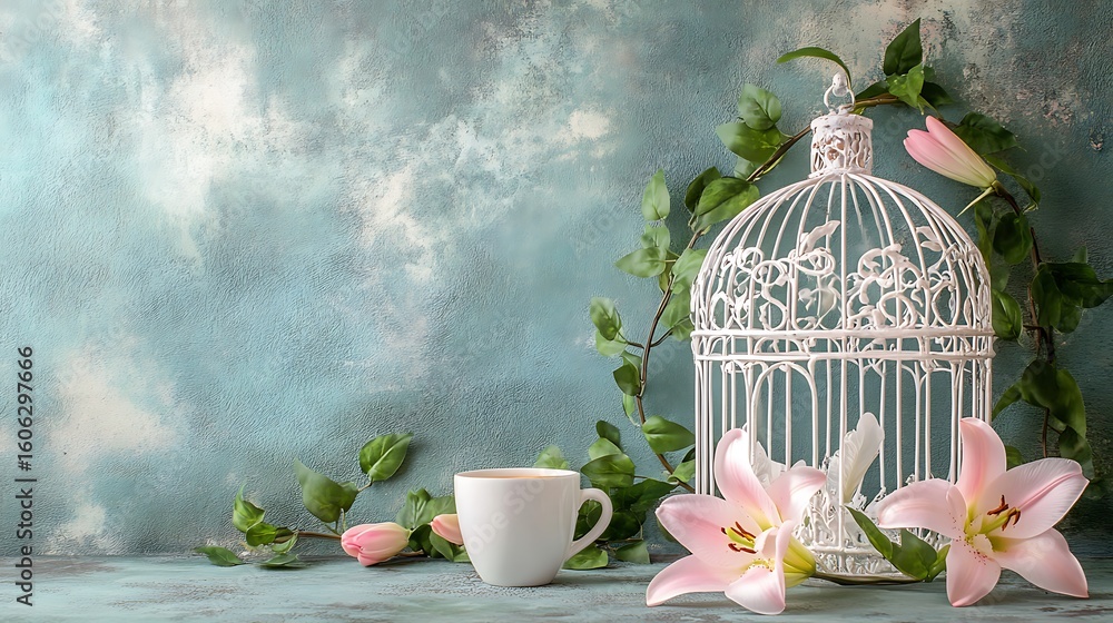 custom made wallpaper toronto digitalStylized birdcage with ivy vines beside pastel lilies and warm cup