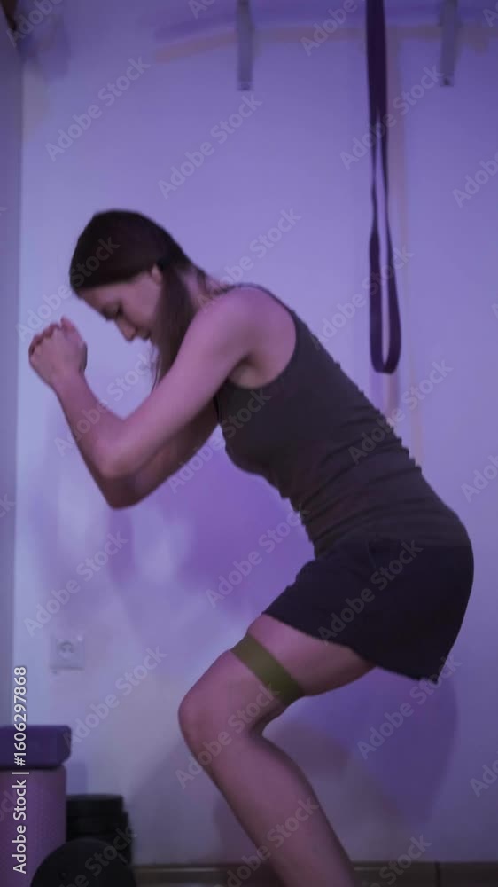 Woman performing resistance band squat exercise at home, functional fitness, active lifestyle Woman performing resistance band squat exercise at home, functional fitness, active lifestyle