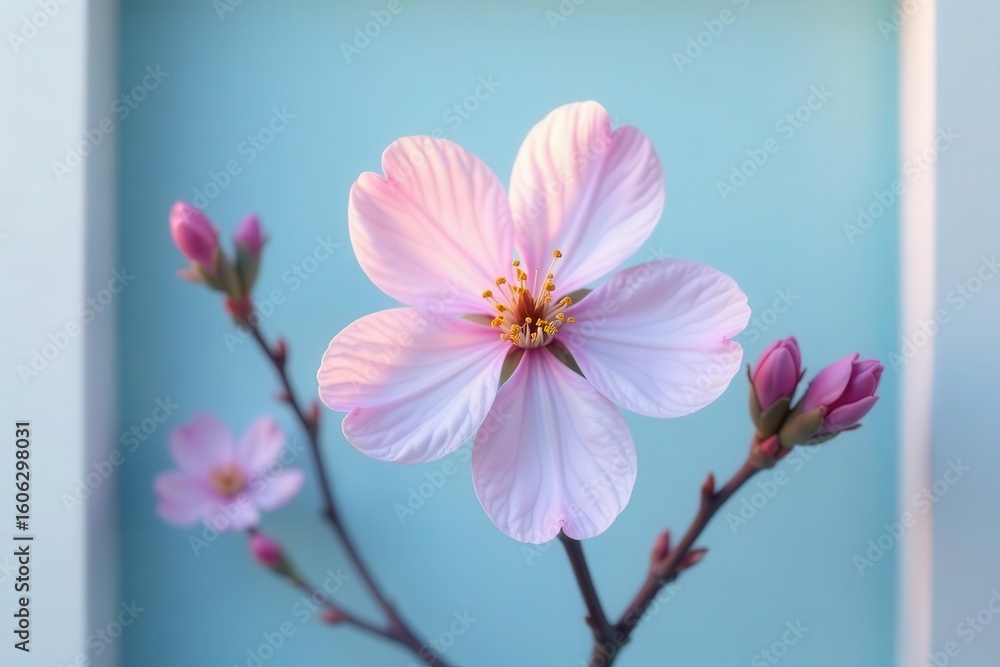 Fototapeta premium Delicate pink blossom in soft light against a pale blue background, showcasing springtime beauty and natural elegance