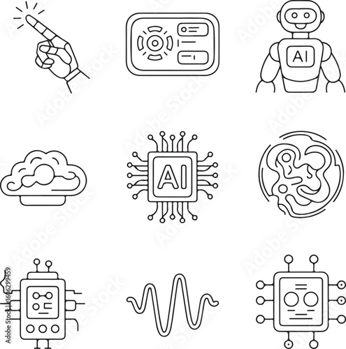 Minimal AI Interaction Icons – Robotic Hands, AI Chat UI, Smart Devices, Cloud Processing & Cyber Tech in Line Art