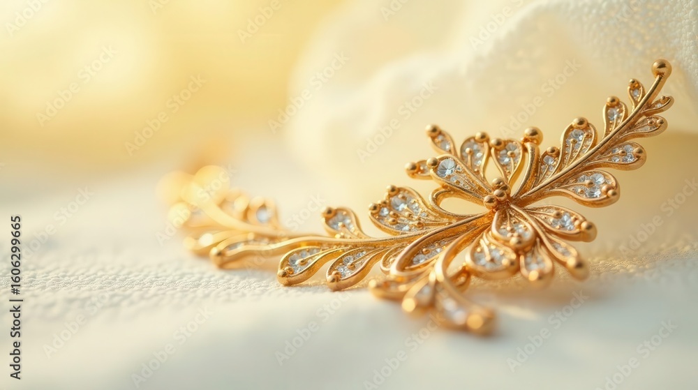 Fototapeta premium Elegant Gold and Crystal Floral Hair Ornament on Soft Fabric