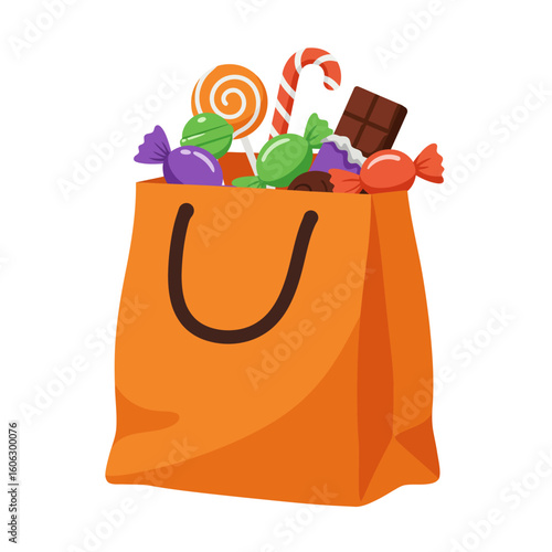 Overflowing orange Halloween bag filled with colorful candies and chocolate bar