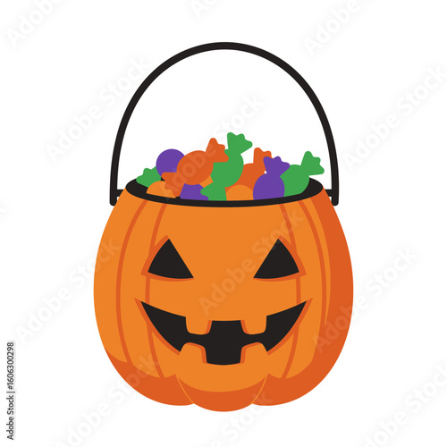 Smiling Jack-o'-Lantern Candy Bucket Filled with Colorful Halloween Treats