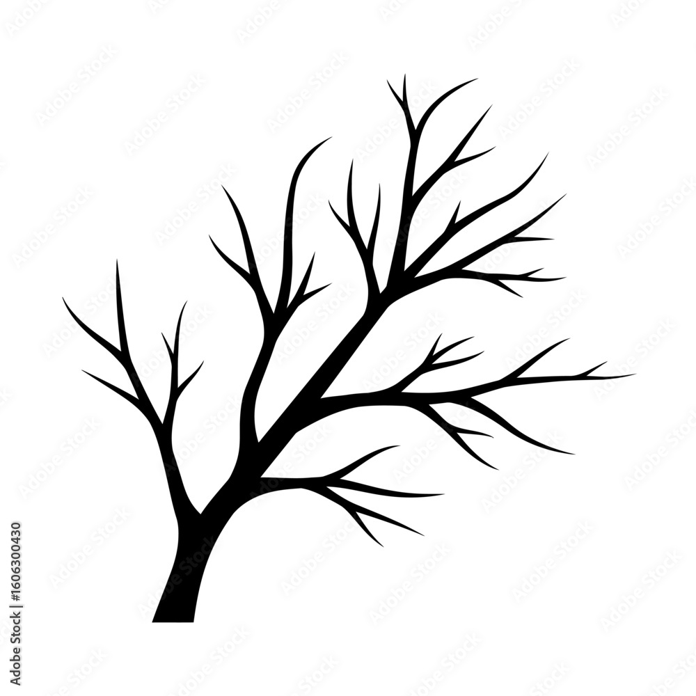 Obraz premium Stylized bare tree branch silhouette with stark black lines and sharp, pointed twigs.