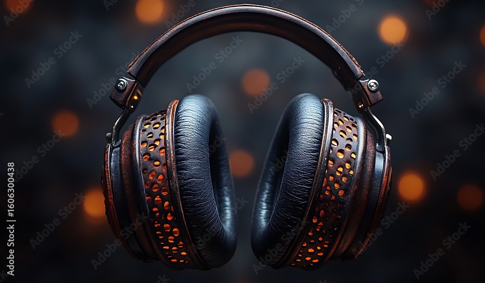 Obraz premium Mockup of Stylish Black and Brown Headphones with Bokeh Lights