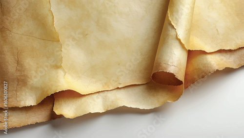 Vector background of old, curled parchment paper. Features a vintage, aged texture with rolled edges, perfect for historical and antique designs.
