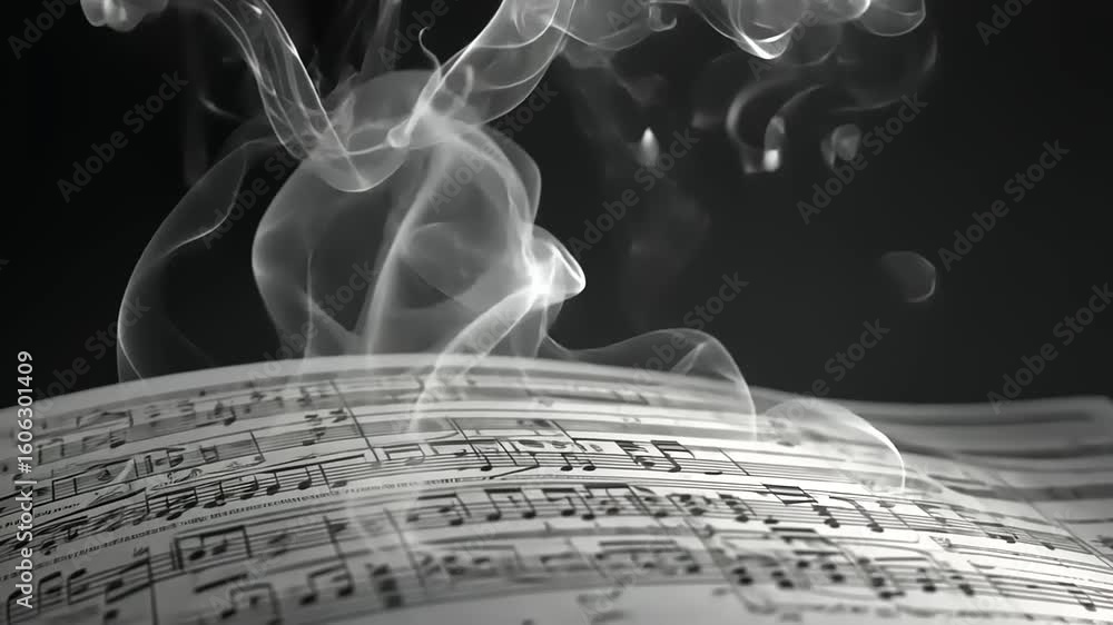 Musical score with smoke animation, abstract art of music notes with ...