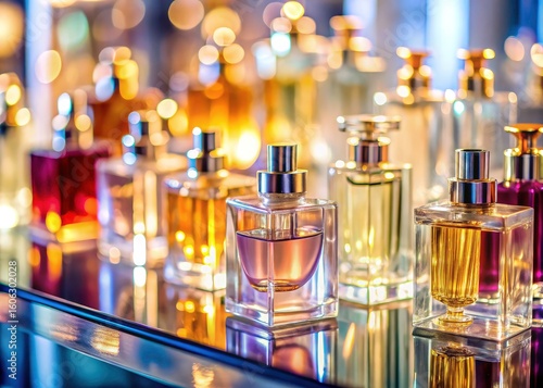 Luxury perfumes showcased in a minimalist tilt-shift style.  Glass shelves display the exquisite fragrance bottles.