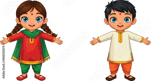 Cartoon Indian children in traditional dress with smiling faces, cultural clothing, ethnic style, standing arms open for welcome gesture