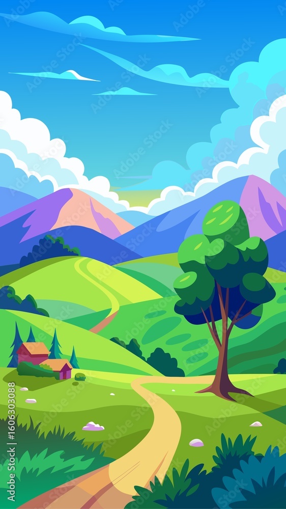 Obraz premium Cartoon Landscape with Hills Mountains Path and House Illustration