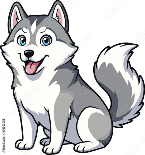 Cute cartoon husky dog sitting happily with tongue out, adorable blue eyes, isolated on white background, perfect for kids content