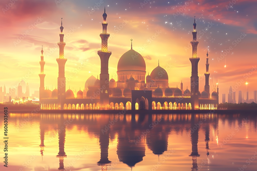 Fototapeta premium Majestic Mosque Sunset Cityscape Golden Reflection