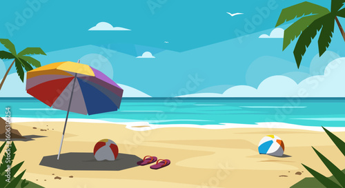 Tropical Beach Vacation Scene with Umbrella and Flip-Flops