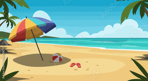 Tropical Beach Vacation Scene with Umbrella and Flip-Flops