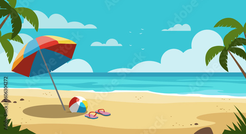 Tropical Beach Vacation Scene with Umbrella and Flip-Flops