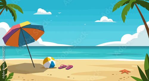 Tropical Beach Vacation Scene with Umbrella and Flip-Flops