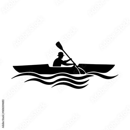 Monochrome Kayaking Adventure Icons. Explore the spirit of watersports with this set of sleek black and white kayak icons. These elegant line illustrations depict various kayaks and paddling scenarios